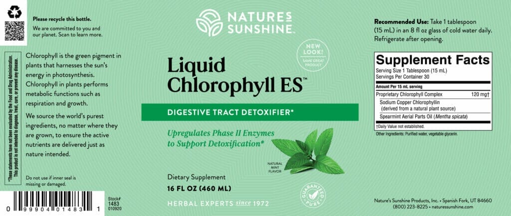 Liquid Chlorophyll Es Nature's Sunshine Label To Protect and Strengthen Healthy Cells